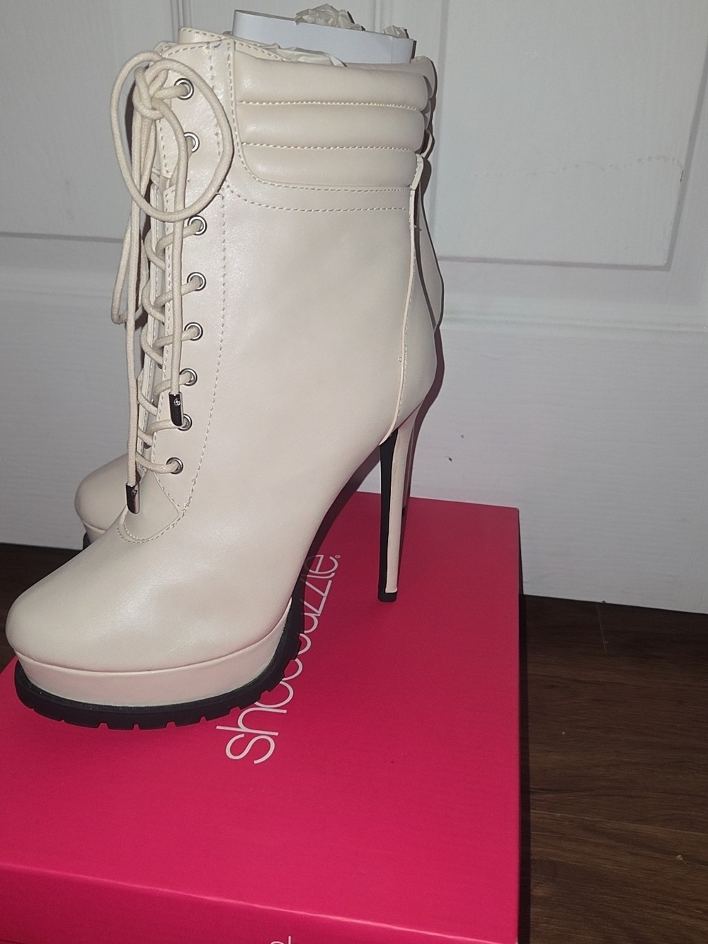 Shoe Dazzle Cream Lace-Up Stiletto Ankle Boots